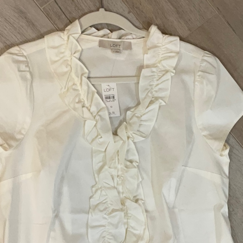 LOFT Ivory Ruffle Front Blouse - Picture 2 of 5